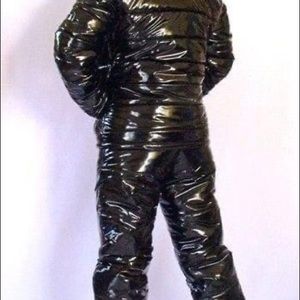 Black one piece latex snow suit